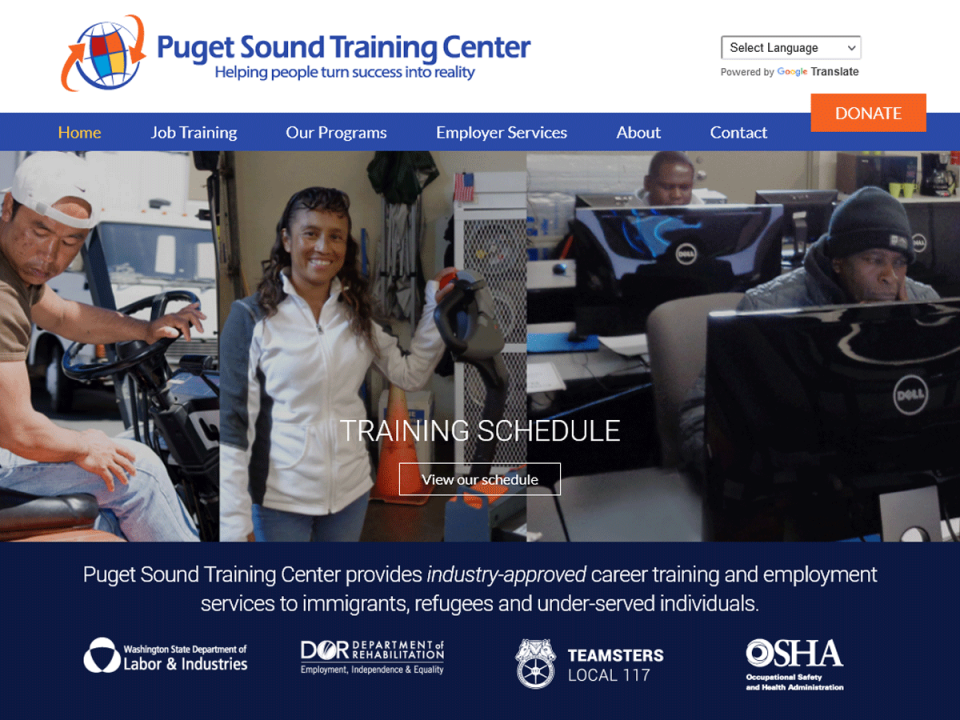Job training center website screenshot