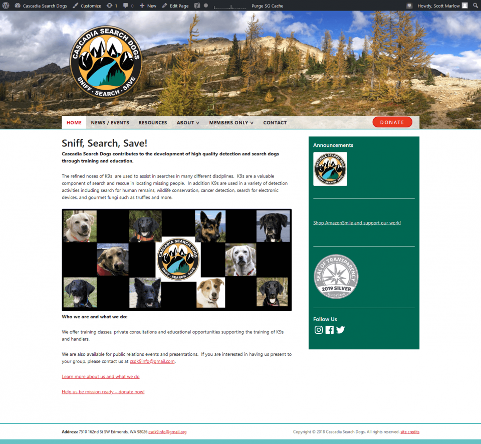 screenshot Cascadia K9 Search Dogs website